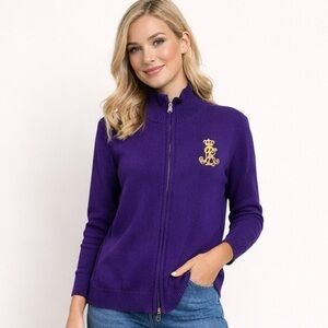 🌻Y2K Lauren Ralph Lauren Vintage Purple Full Zip Cotton Sweater Women's Size XL